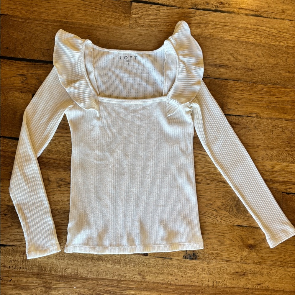 LOFT Cream Ribbed Blouse with Ruffled Shoulders - Picture 3 of 4